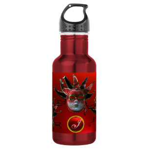 BLACK RED JESTER MASK ,Masquerade Party Monogram 532 Ml Water Bottle