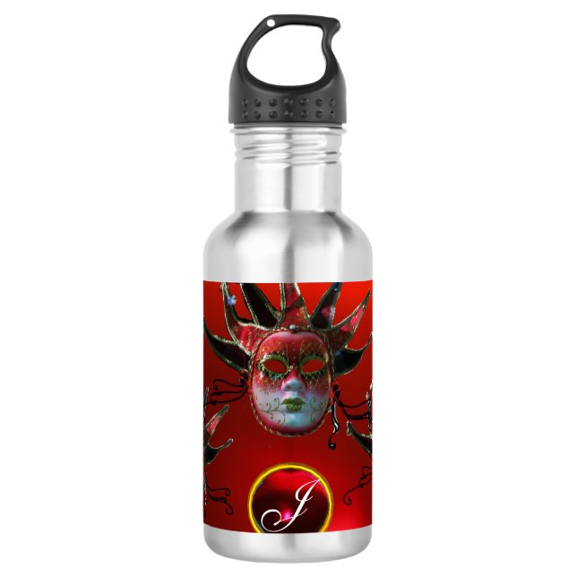 BLACK  RED JESTER MASK ,Masquerade Party Monogram 710 Ml Water Bottle (Front)