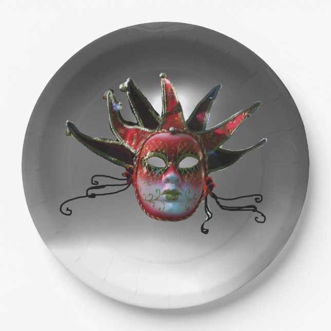 BLACK  RED JESTER MASK ,Masquerade Party Paper Plate (Front)