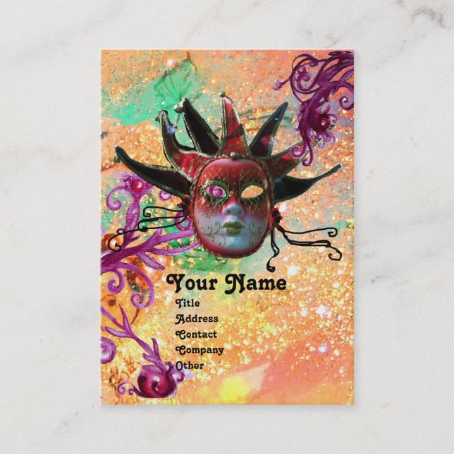 BLACK RED JESTER MASK Masquerade Party Pink Green Business Card (Front)