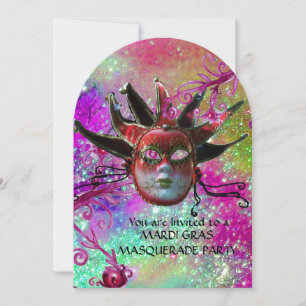 BLACK  RED JESTER MASK ,Masquerade Party Purple Invitation