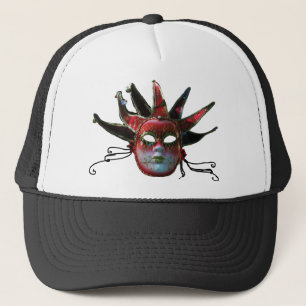 BLACK  RED JESTER MASK ,Masquerade Party Trucker Hat