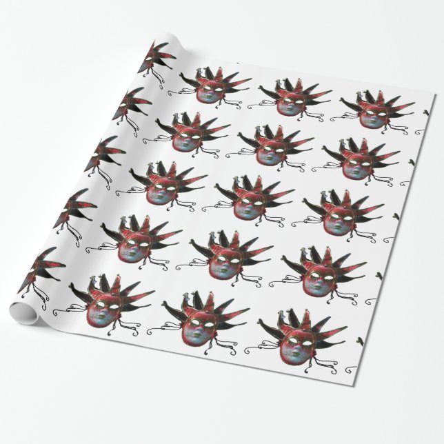 BLACK  RED JESTER MASK ,Masquerade Party,White Wrapping Paper (Unrolled)
