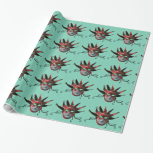 BLACK  RED JESTER MASK ,Masquerade Party,White Wrapping Paper
