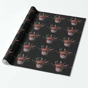 BLACK  RED JESTER MASK ,Masquerade Party Wrapping Paper