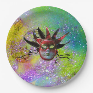 BLACK RED JESTER MASK Masquerade yellow violet Paper Plate