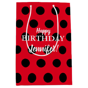 Black & Red Lady Bug Polka Dot Custom Name Medium Gift Bag