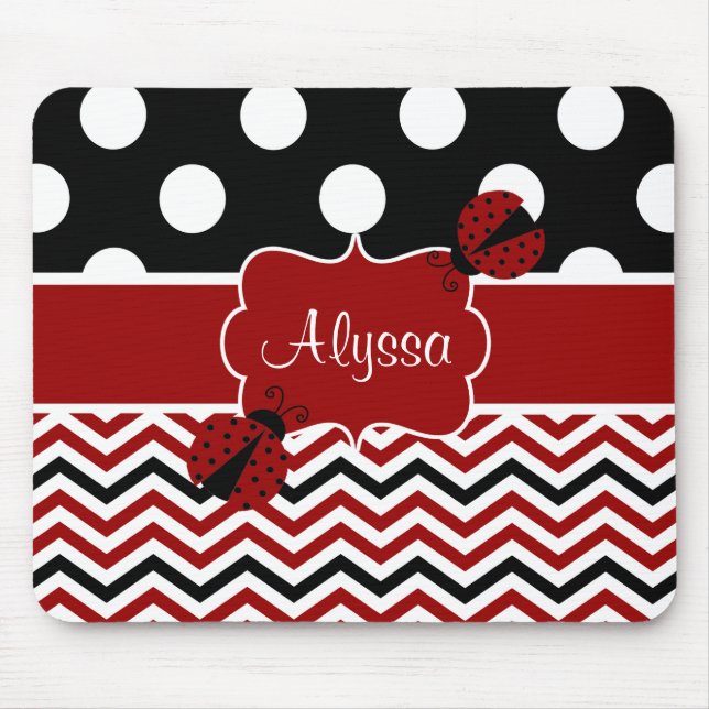 Black Red Ladybug Chevron Personalised Mousepad (Front)
