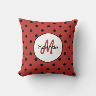 Black Red Ladybug Polka Dots Name and Monogram Cushion