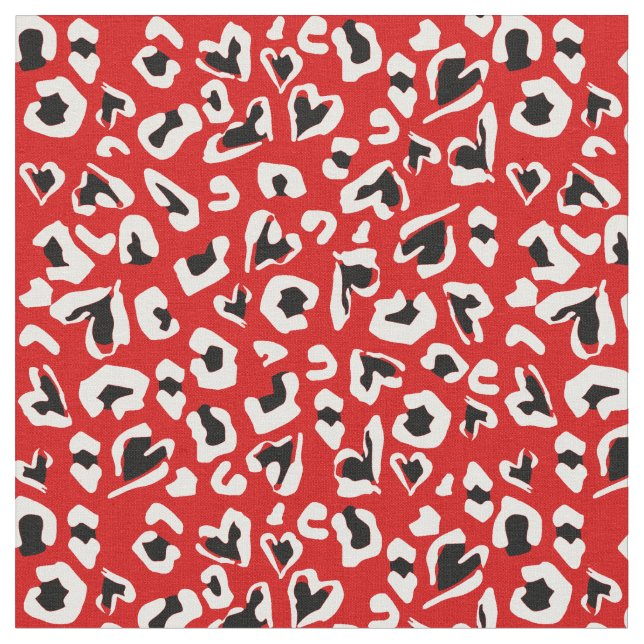 black red leopard animal print hearts fabric (Close Up)