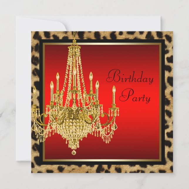 Black Red Leopard Gold Chandelier Birthday Party Invitation (Front)