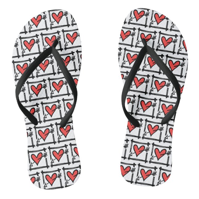 Black & Red Love Heart Flip Flops  (Footbed)