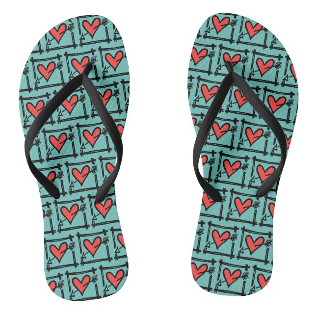 Black & Red Love Heart Flip Flops  (Footbed)