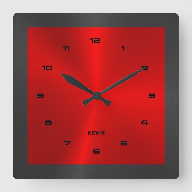 Black & Red & Metallic Stainless Steel Square W Square Wall Clock (Front)