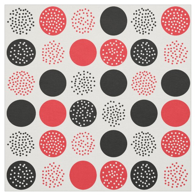 Black Red Modern Circles Dots White Fabric (Swatch)