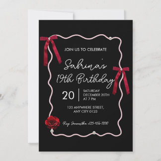 Black Red Modern Coquette 19th Birthday Invitation