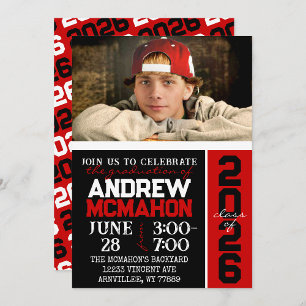 Black & Red Modern Graduation Photo Invitation