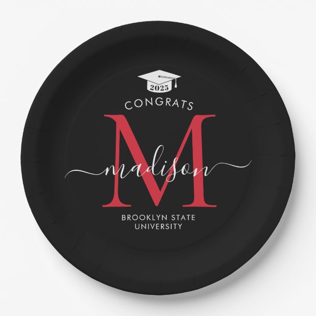 Black Red Monogram Graduate Cap Graduation Paper Plate (Front)