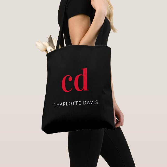 Black red monogram name elegant modern tote bag (Close Up)