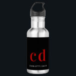 Black red monogram name modern minimalist 532 ml water bottle<br><div class="desc">A classic black background. Red and white coloured text. Personalise and add your monogram initials and your name. For both him and her.</div>