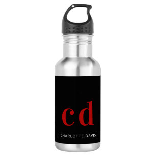 Black red monogram name modern minimalist 532 ml water bottle