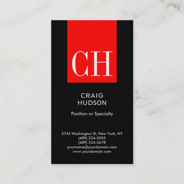 Black Red Monogram Professional Business Card (Front)