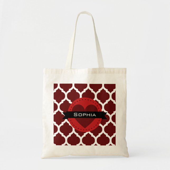 Black Red Moroccan Lattice Pattern Tote Bag (Front)
