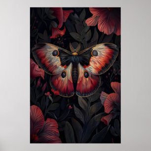 Black Red Moth Print Dark Botanical , Dark