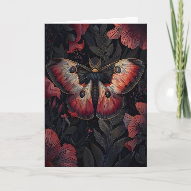 Black Red Moth Print Dark Botanical , Dark Card (Front)