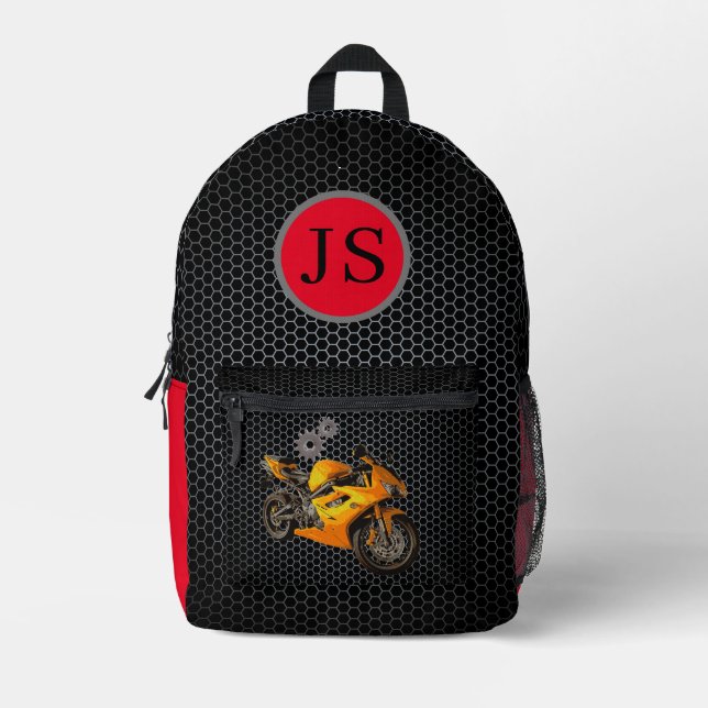 Black Red Motorcycle Monogram Boys Back To School  Printed Backpack (Front)