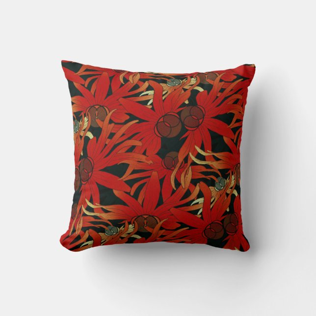 Black & Red Orange Bold Elegant Abstract Floral Cushion (Front)