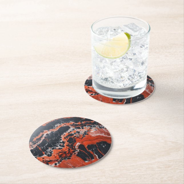 Black Red Orange Marble Pattern Round Paper Coaster (Insitu)