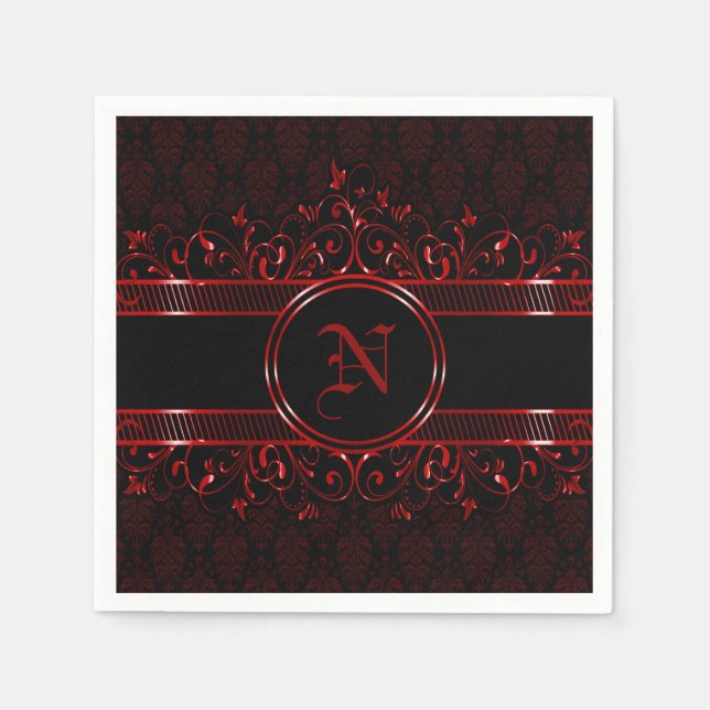 Black & Red Ornate Gothic Monogrammed   Napkin (Front)