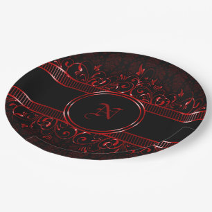 Black & Red Ornate Gothic Monogrammed Paper Plate