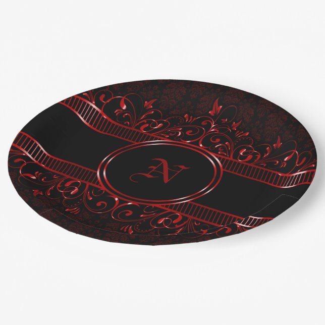 Black & Red Ornate Gothic Monogrammed   Paper Plate (Angled)