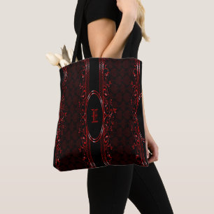 Black & Red Ornate Gothic Monogrammed Tote Bag