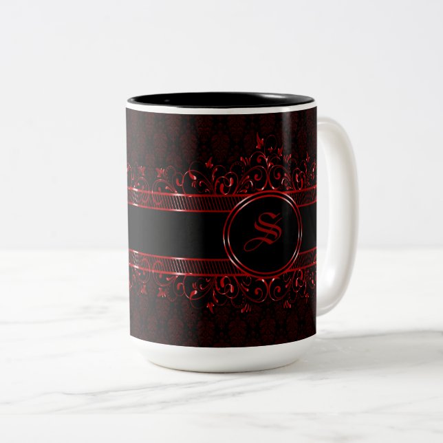 Black & Red Ornate Gothic Monogrammed Two-Tone Coffee Mug (Front Right)