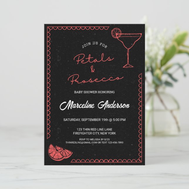 Black & Red Petals & Prosecco Baby Shower Invitation (Standing Front)