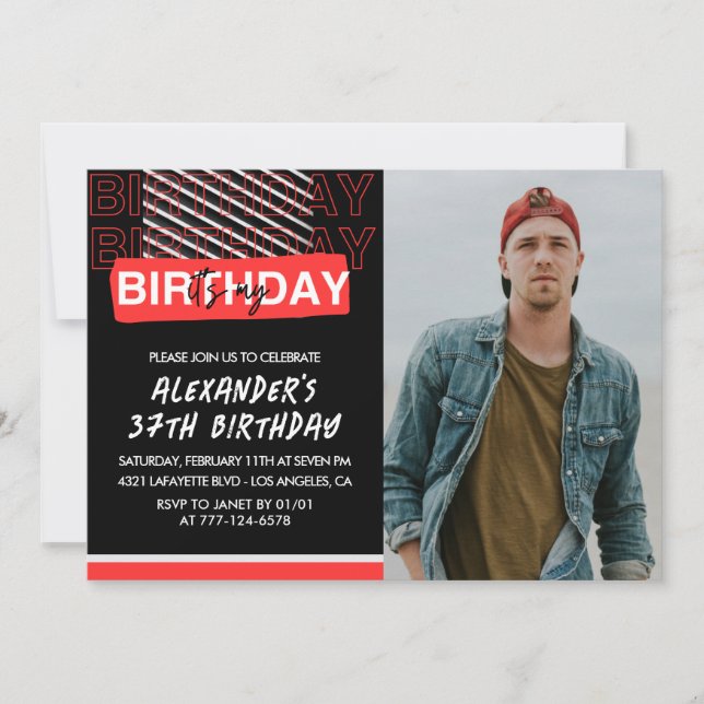  Black Red Photo 37th birthday invitations Men  (Front)