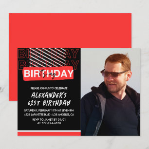 Black Red Photo 61st birthday invitations Men