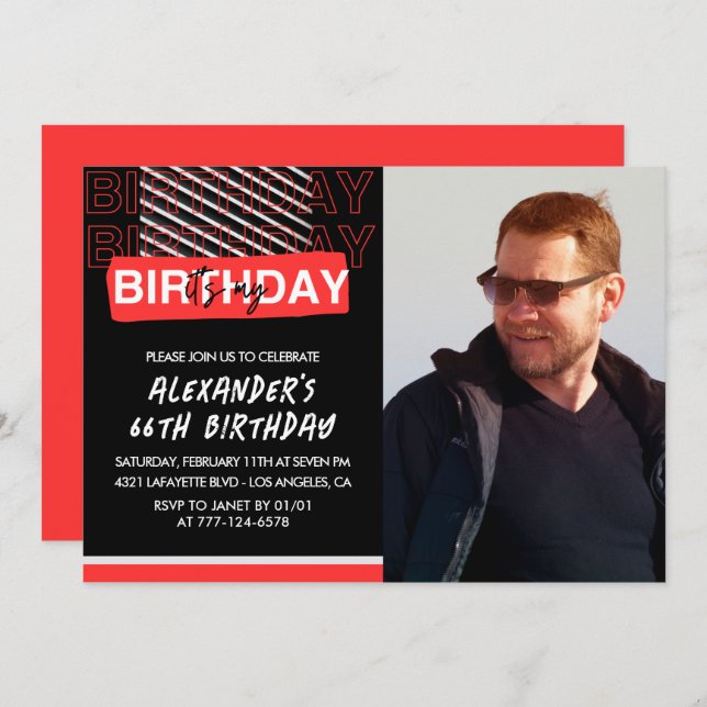  Black Red Photo 66th birthday invitations Men  (Front/Back)