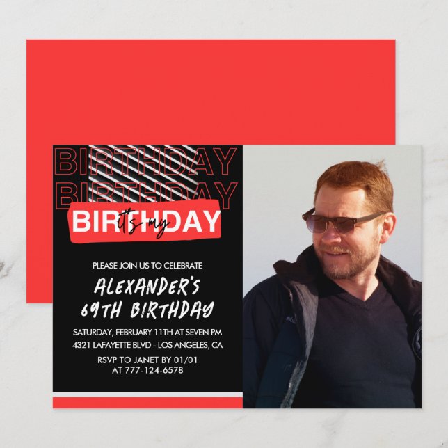  Black Red Photo 69th birthday invitations Men  (Front/Back)