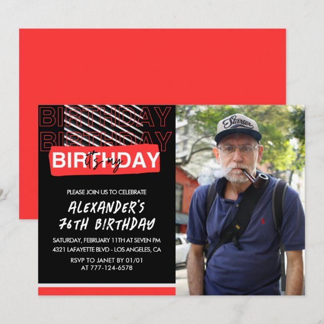 Black Red Photo 76th birthday invitations Men  (Front/Back)