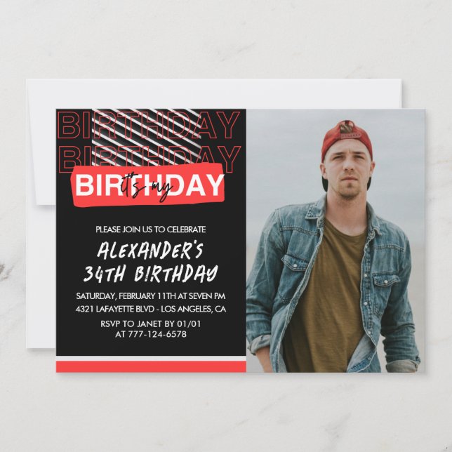  Black Red Photo Men 34th birthday invitations  (Front)