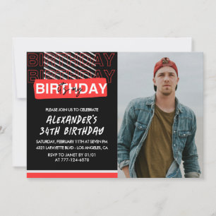  Black Red Photo Men 34th birthday invitations 