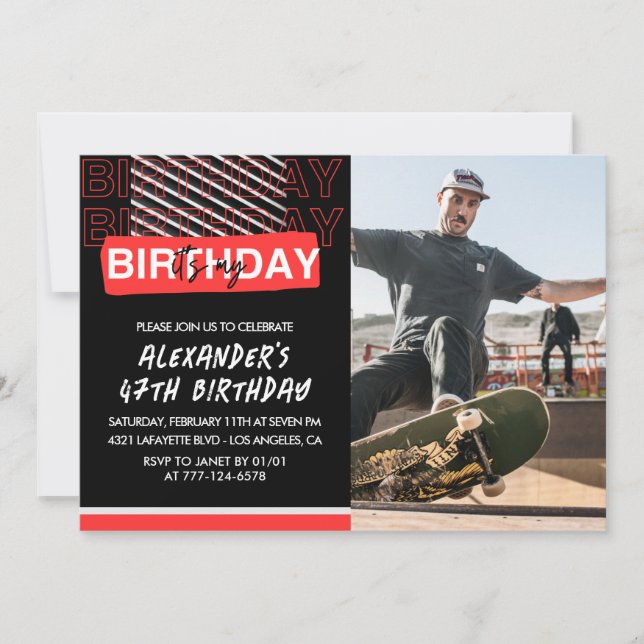  Black Red Photo Men 47th birthday invitations  (Front)