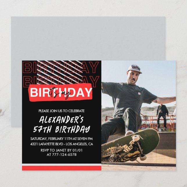  Black Red Photo Men 57th birthday invitations  (Front/Back)