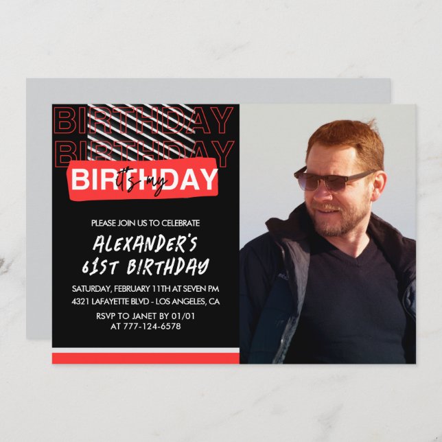  Black Red Photo Men 61st birthday invitations  (Front/Back)