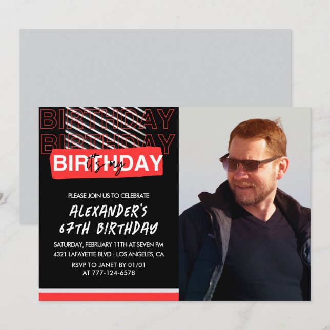  Black Red Photo Men 67th birthday invitations  (Front/Back)