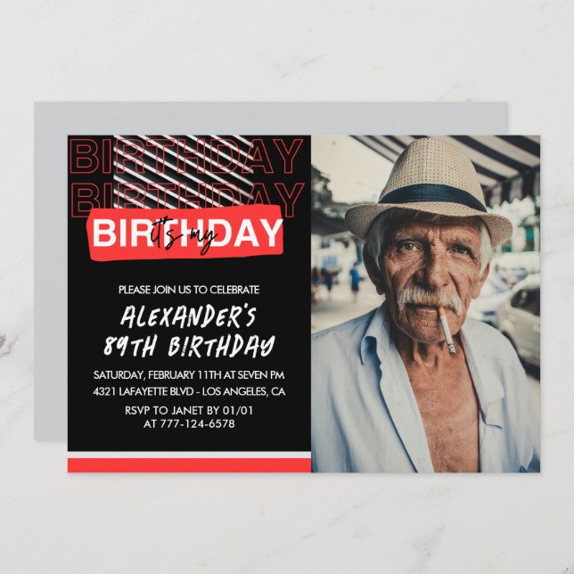  Black Red Photo Men 89th birthday invitations  (Front/Back)